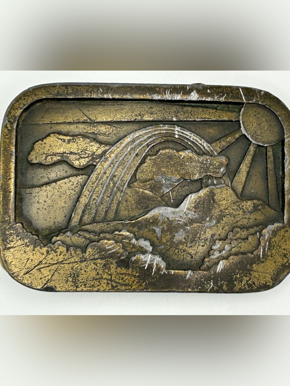 Bronze-Tone 1977 Belt Buckle with Rainbow and Sun Motif. Indiana Metal
Craft